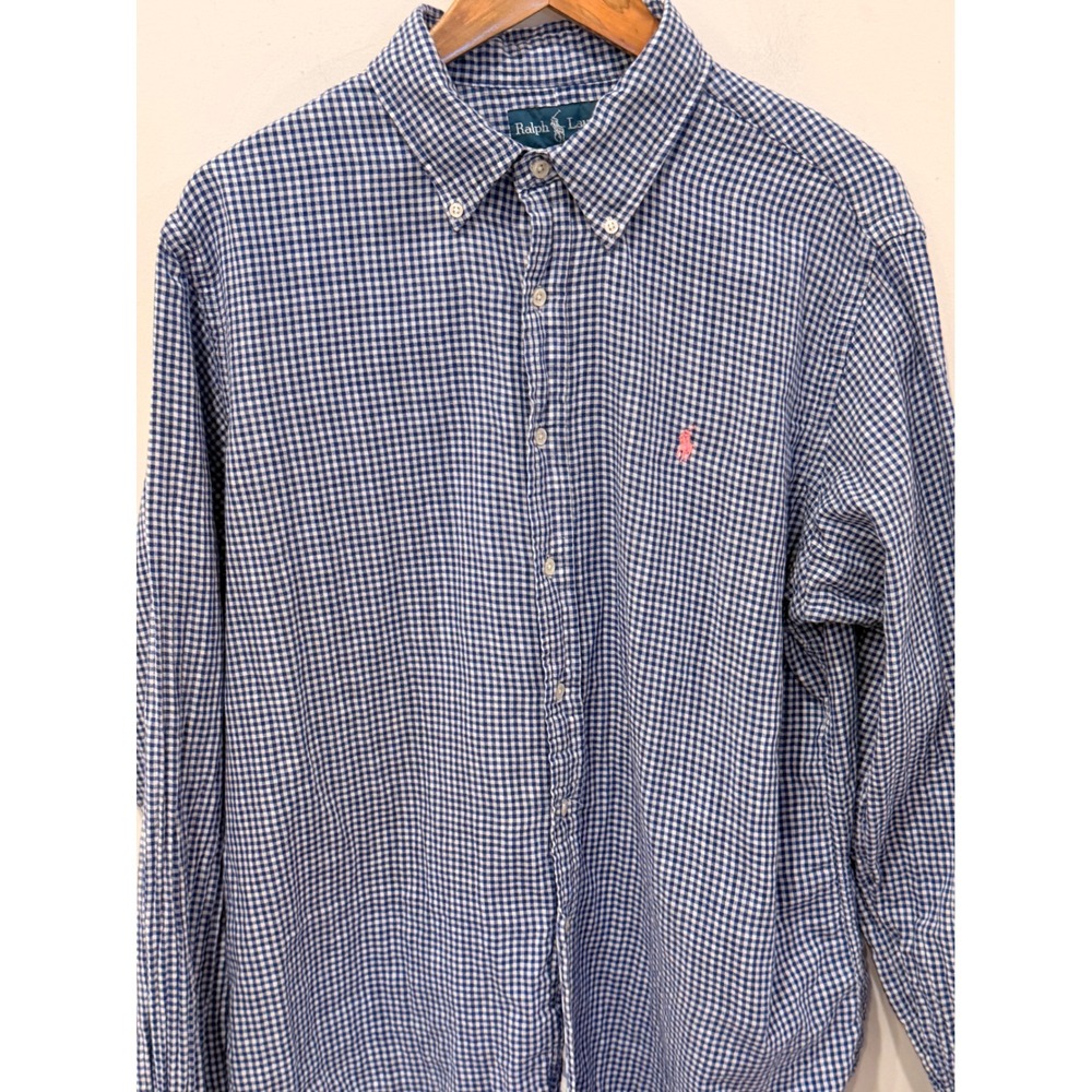 Polo Ralph Lauren Blue Gingham Custom Fit Button Down Shirt Mens XL Pink Pony